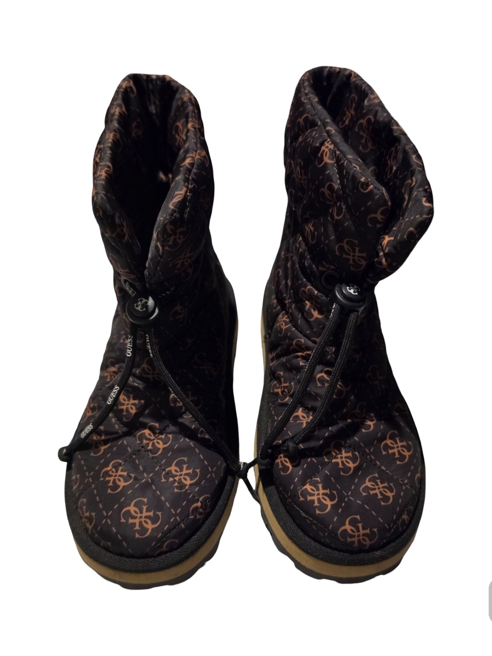 Women's Quilted Winter Boot - Black with Brown Logo Print